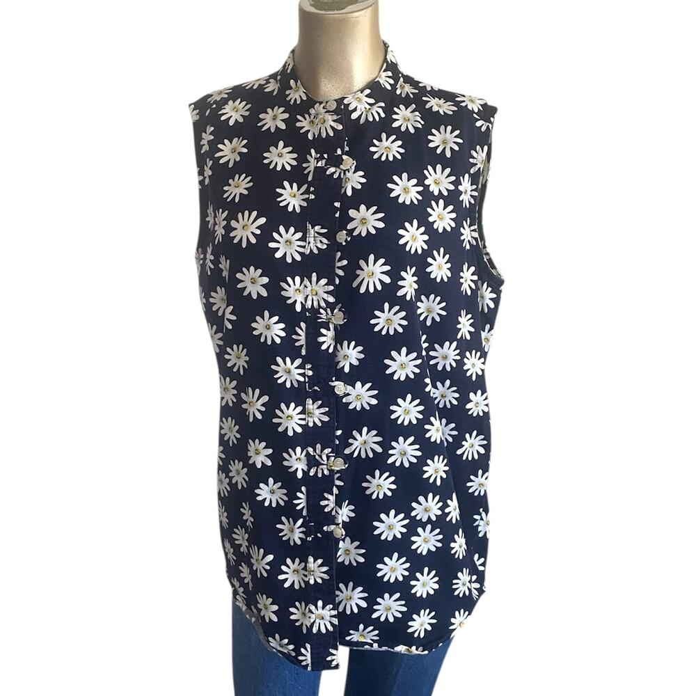 Vintage Bonjour 90s Daisy Floral Sleeveless Button Up Top Large Navy Blue Cotton